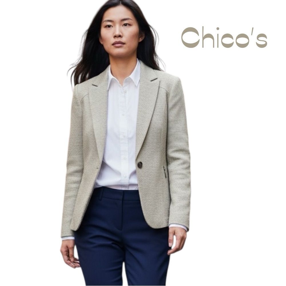 Chico’s Woven Cream Academia Office Jacket Blazer NWOT Size 12 Neutral